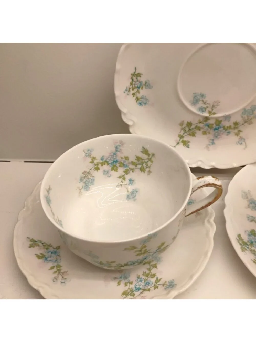 Antique Haviland Limoges Blue Pink Forget Me Not Cup & Saucer Set of 4